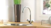 A kitchen sink with a faucet and a vase on the counter.