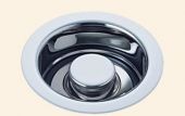 A close up of a stainless steel sink on a white background.