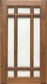 A wooden window with three squares of glass on it.