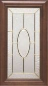 A picture of a stained glass window in a wooden frame.