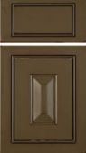 A close up of a brown cabinet door on a white background.