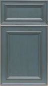 A close up of a blue cabinet door on a white background.