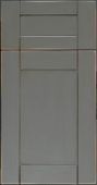 A close up of a gray cabinet door on a white background.