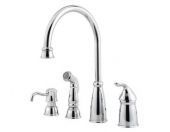 A chrome kitchen faucet with a sprayer and soap dispenser.