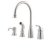 A stainless steel kitchen faucet with a sprayer and soap dispenser.