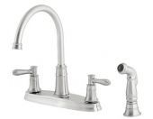 A kitchen sink faucet with a sprayer attached to it.