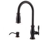 A black kitchen faucet with a soap dispenser attached to it.