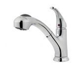 A chrome kitchen faucet with a pull out sprayer on a white background.