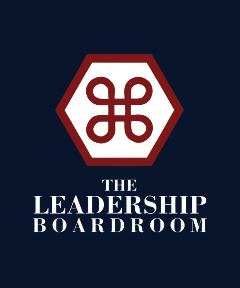 Logo for The Leadership Boardroom on a navy background with a red hexagon emblem and white text