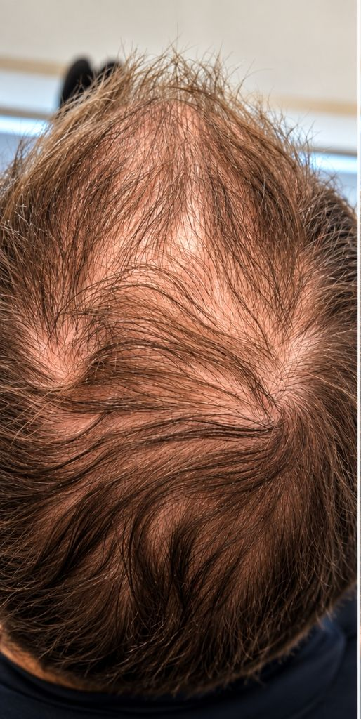 Top view of a balding scalp with thinning brown hair around the crown