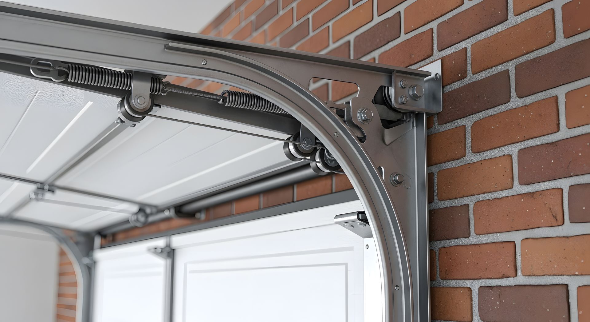 Garage door mechanism with curved track and spring against a brick wall.