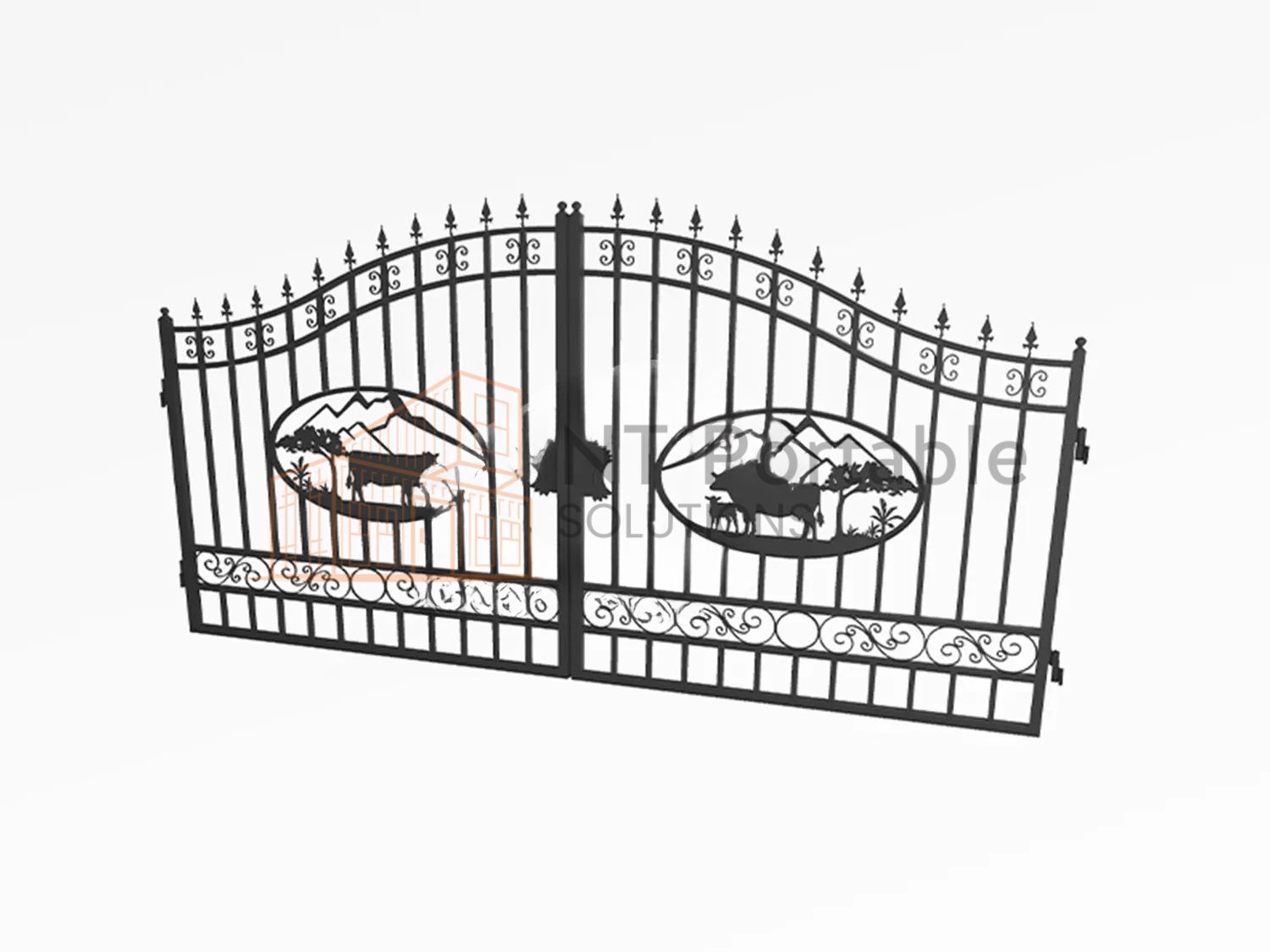 Black metal double gate with mountain and animal silhouette designs.