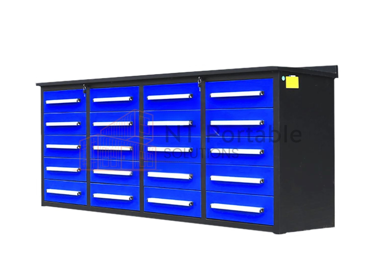 Blue and black industrial workbench with multiple drawers.