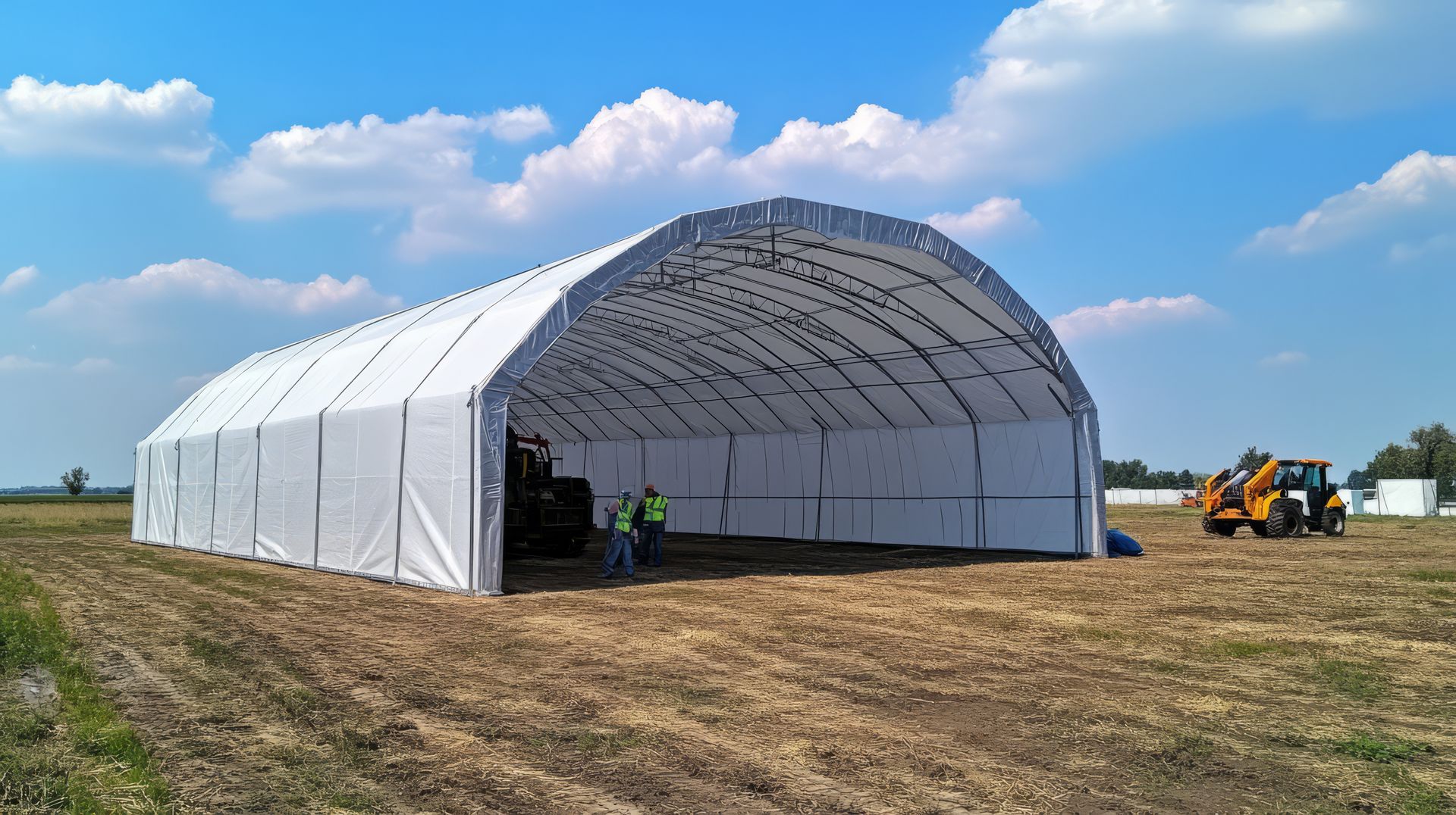 White arched-roof storage structure on a field, machinery inside, two people nearby, sunny blue sky.