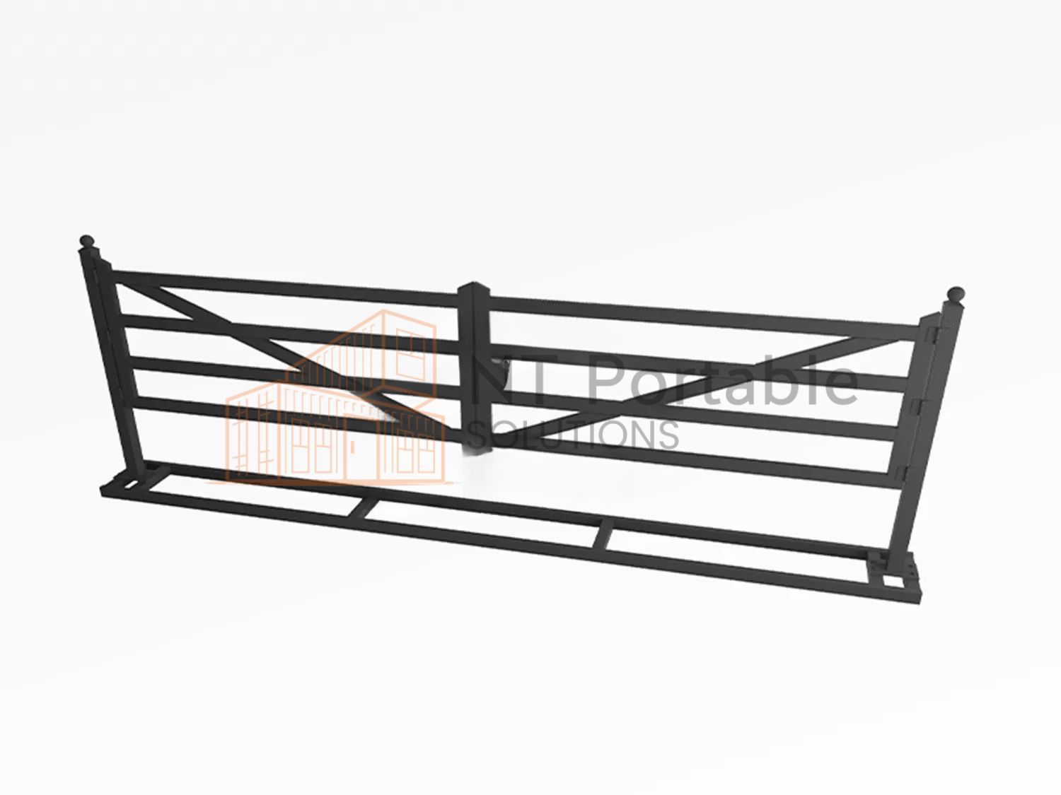 Black metal farm gate with horizontal and angled bars.