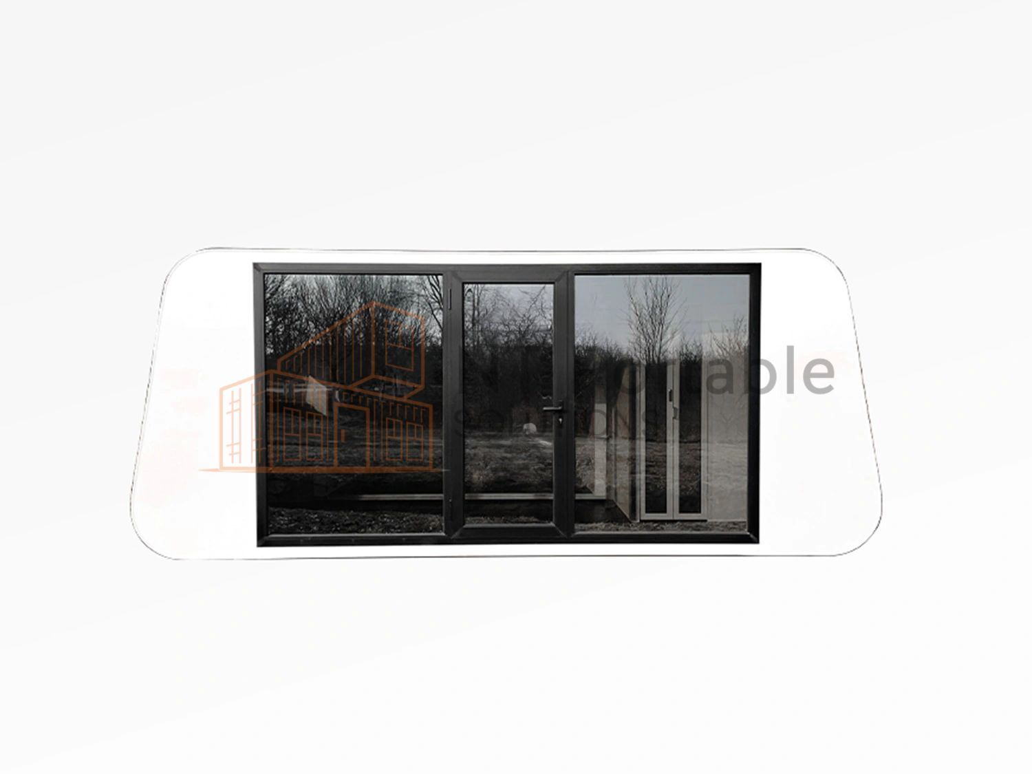 Black framed glass doors and windows, reflecting a natural outdoor scene.