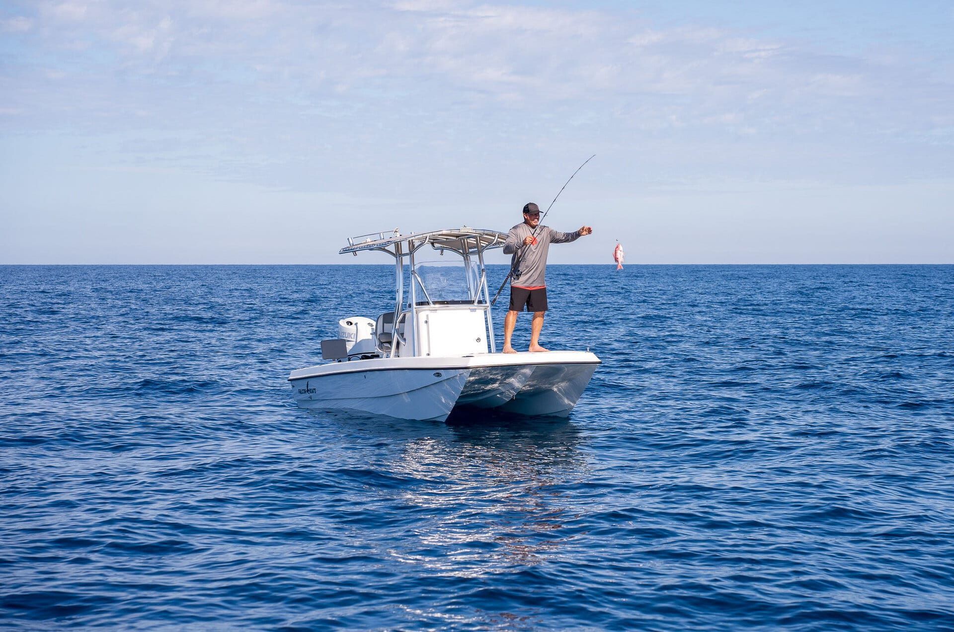 White catamaran with black sails sailing on a calm blue ocean under a clear sky.