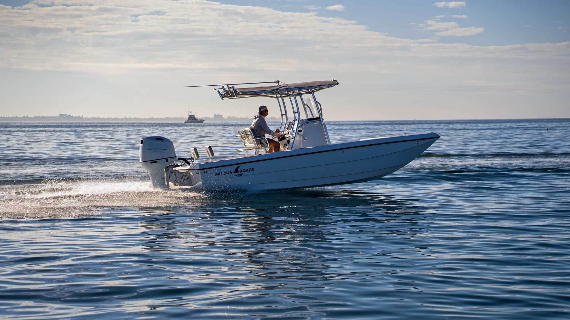 A white motorboat speeds across the water, with a person steering. The sky is bright, and another boat is visible in the distance.