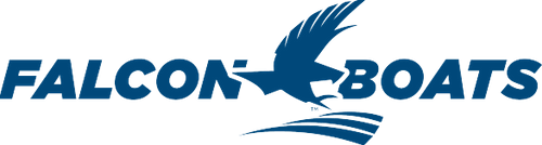 The Falcon Boats logo features a blue bird in flight with the words