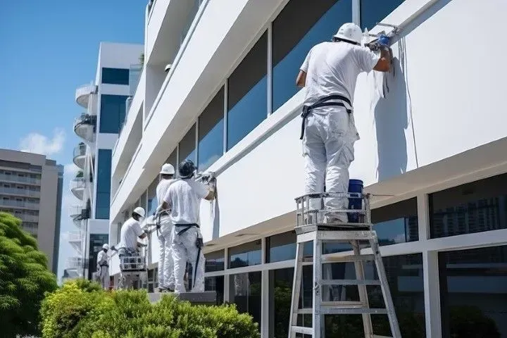 Team of painters working on the exterior of a commercial building.