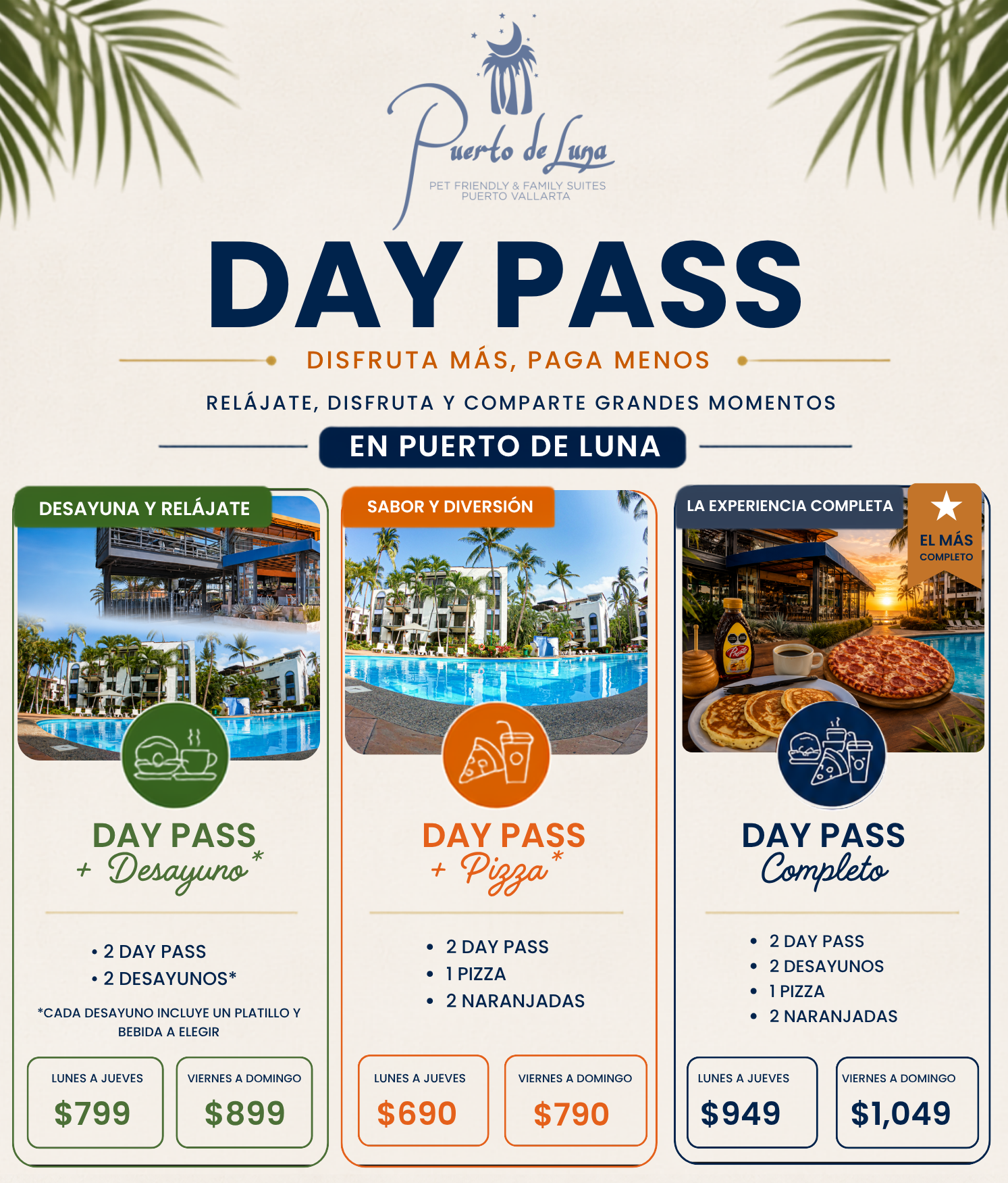 Promoción de Day Pass en Puerto de Luna con desayuno y/o pizza incluida
