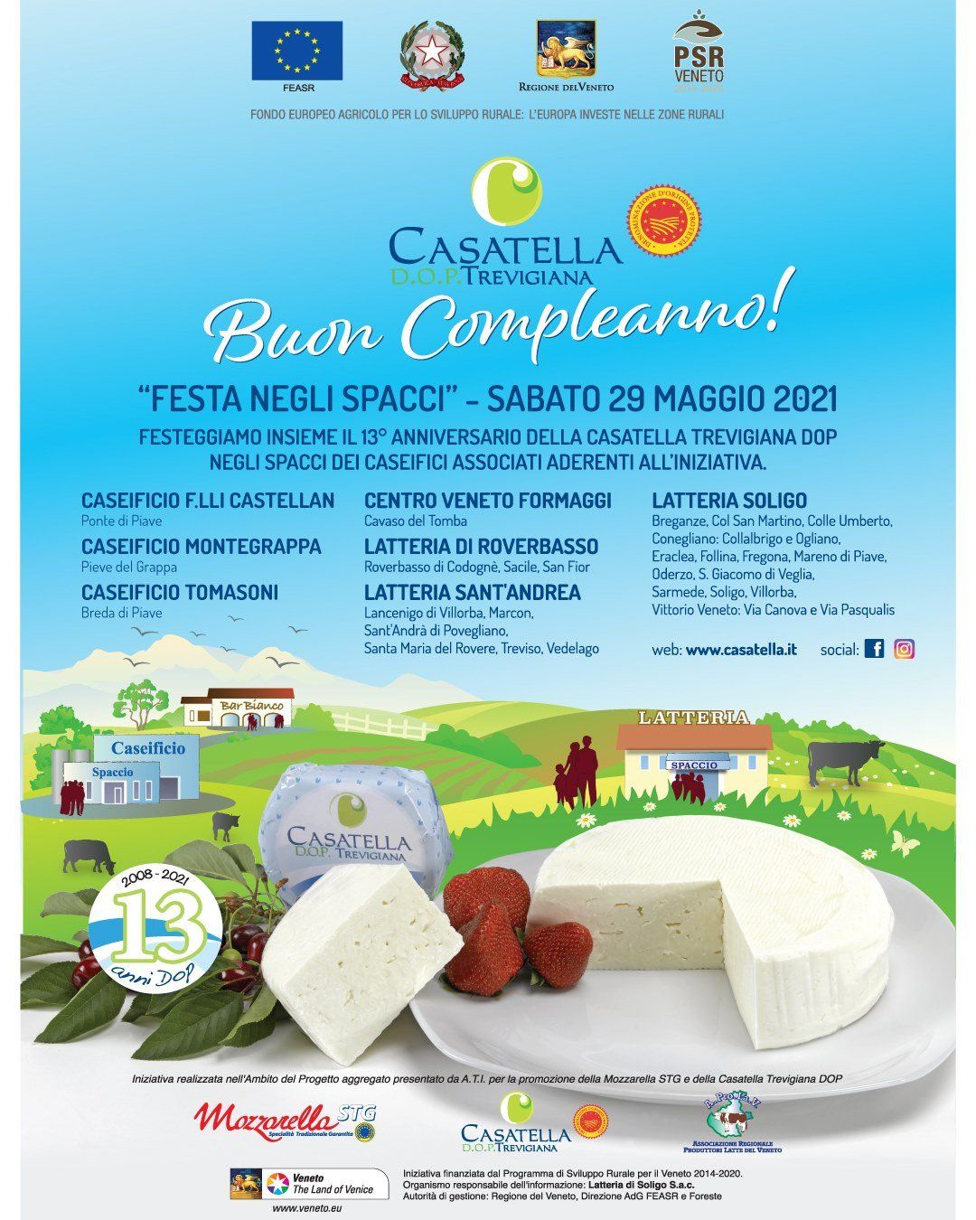 Manifesto blu per la sagra del formaggio Casatella con spicchi di formaggio, pomodori e dettagli dell'evento in italiano.