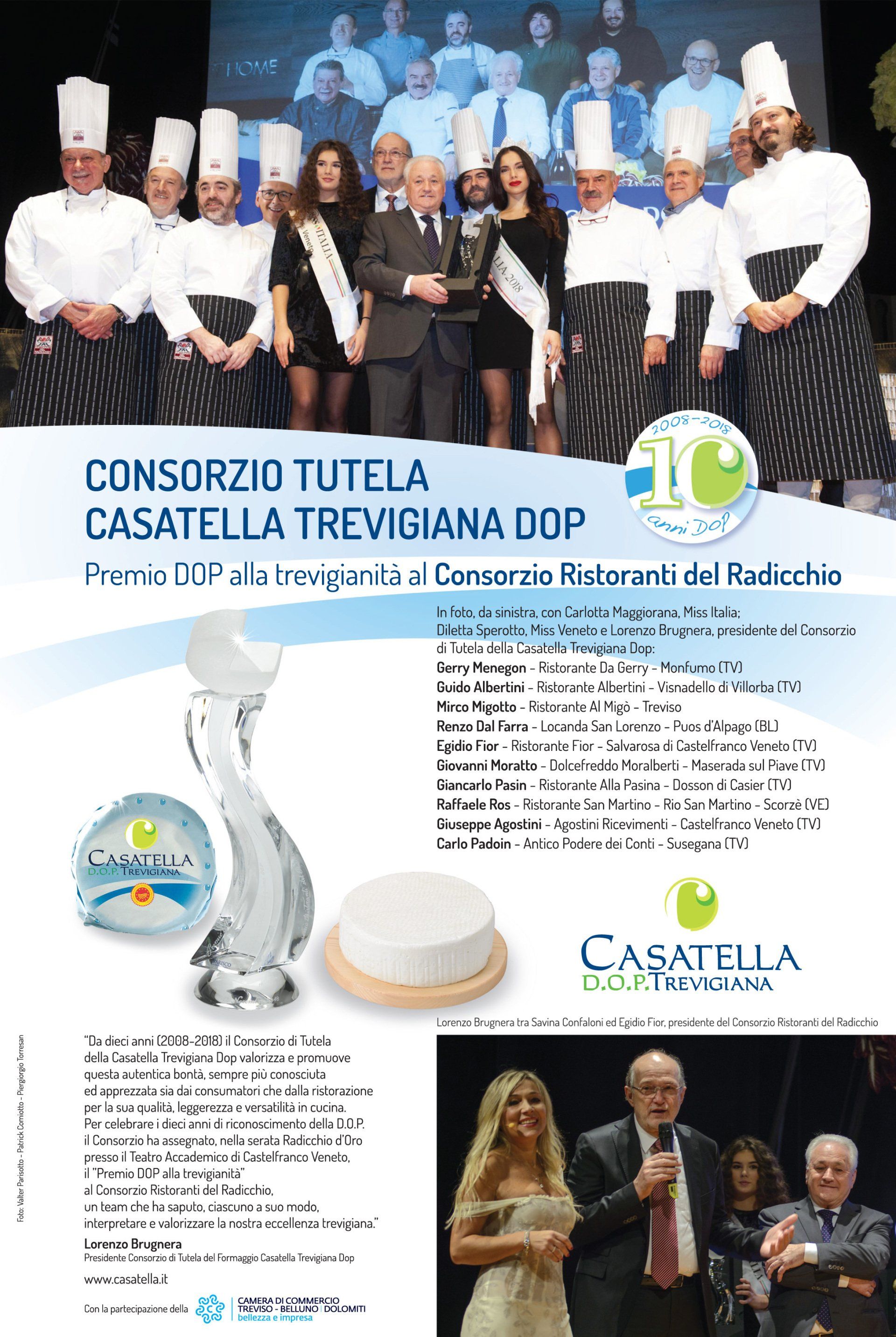 Manifesto per il Consorzio Tutela Casatella Trevigiana DOP, con foto di gruppo e immagini di prodotti caseari su sfondo bianco.