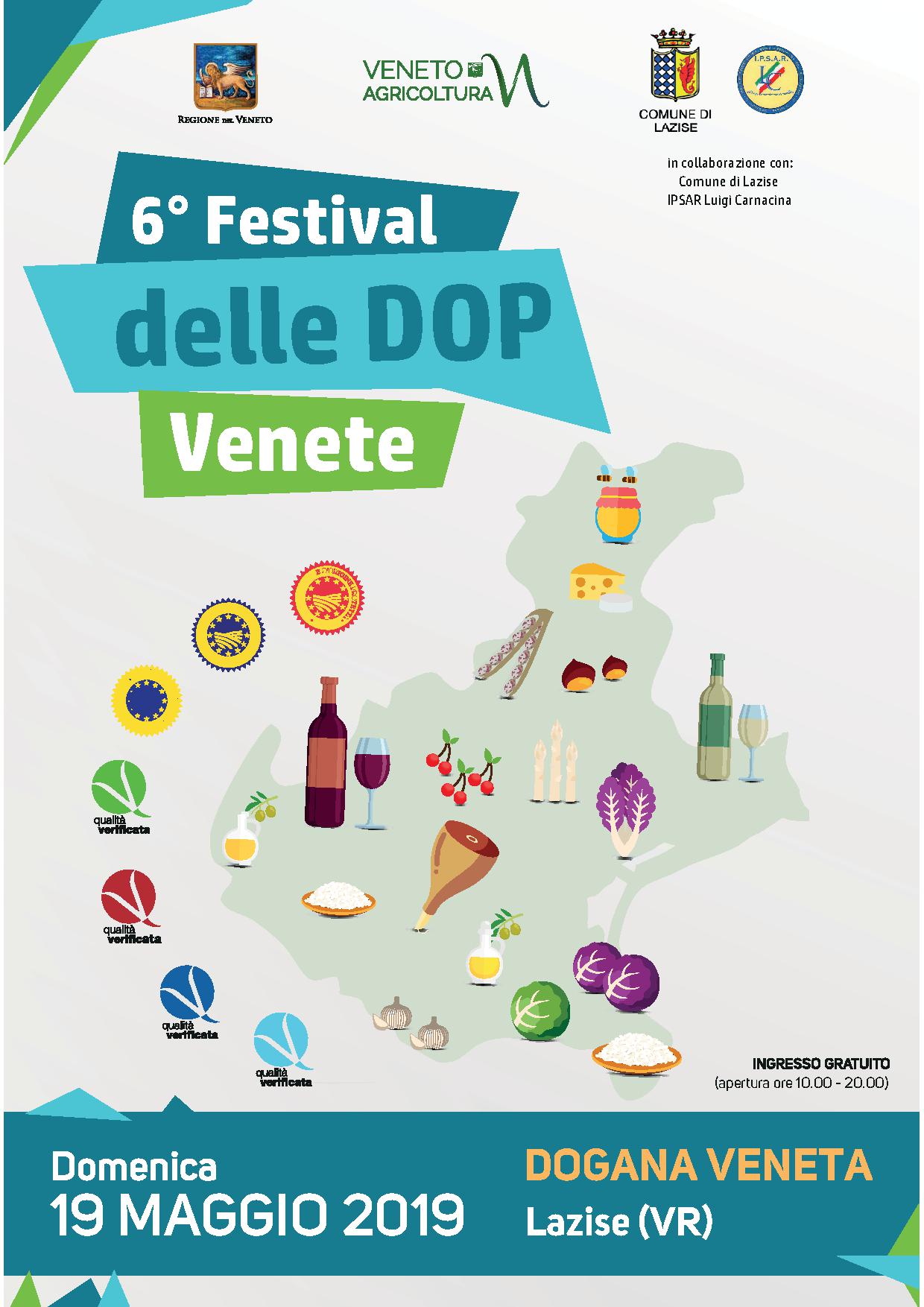 Manifesto per il “6° Festival delle DOP Venete” con mappa del Veneto, icone gastronomiche e data 19 maggio 2019