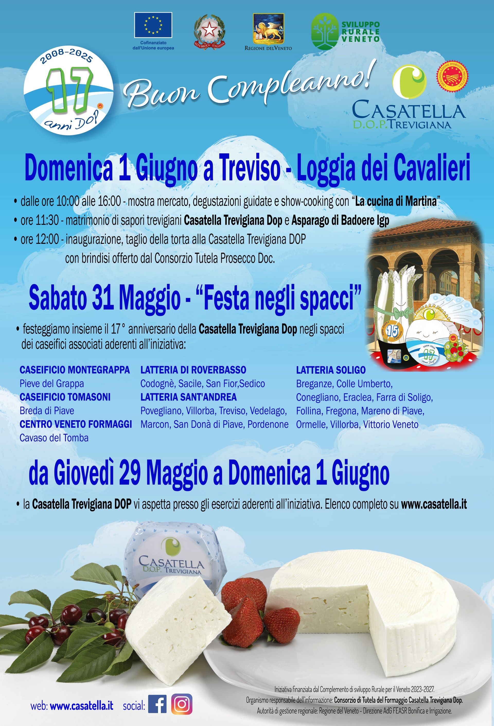 Manifesto per una sagra del formaggio a Casetta, con date, dettagli dell'evento e una foto di formaggi e fragole.