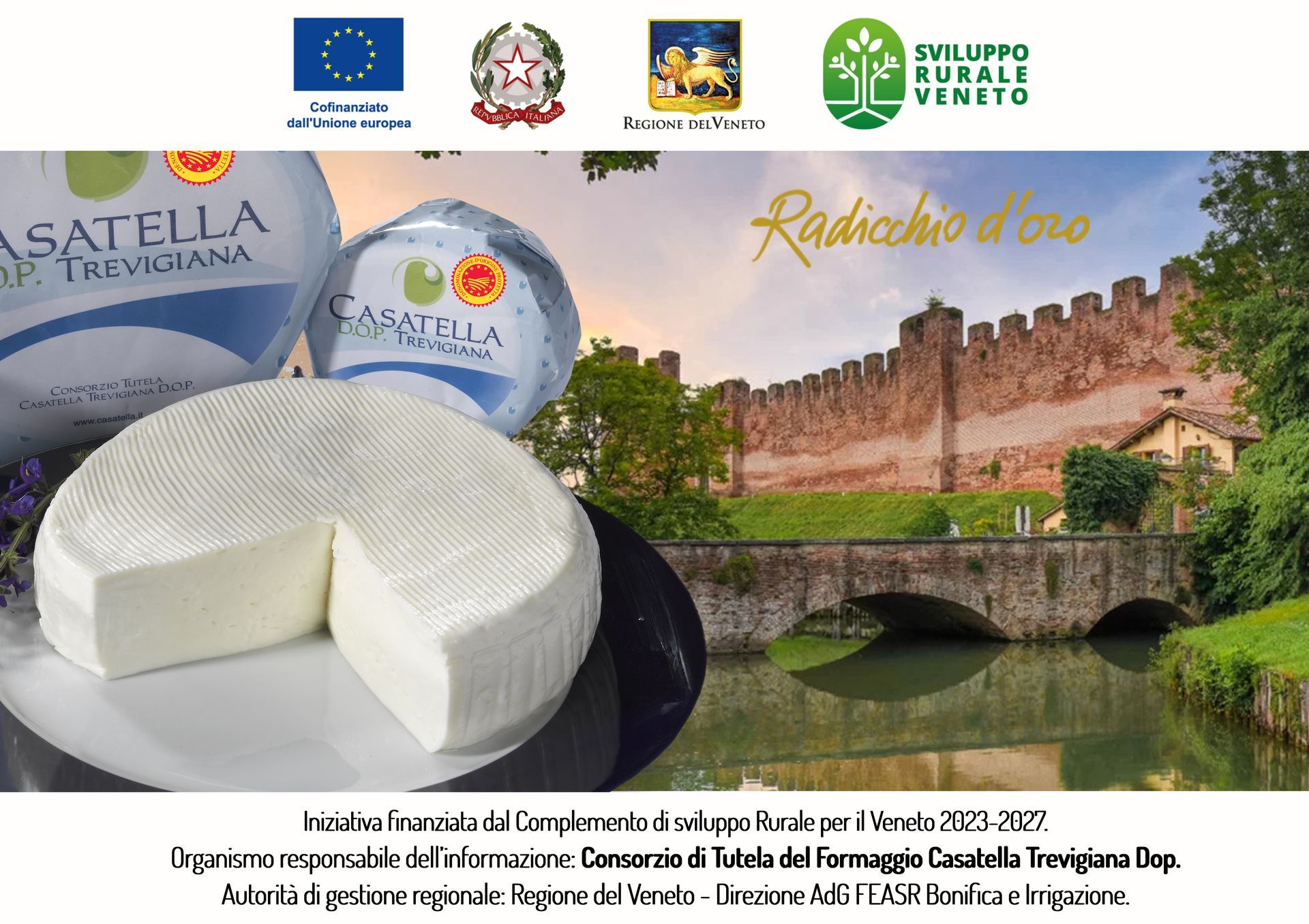 Manifesto con forma di formaggio e mura cittadine, oltre a loghi e testo in italiano per il progetto “Radicchio rosso”