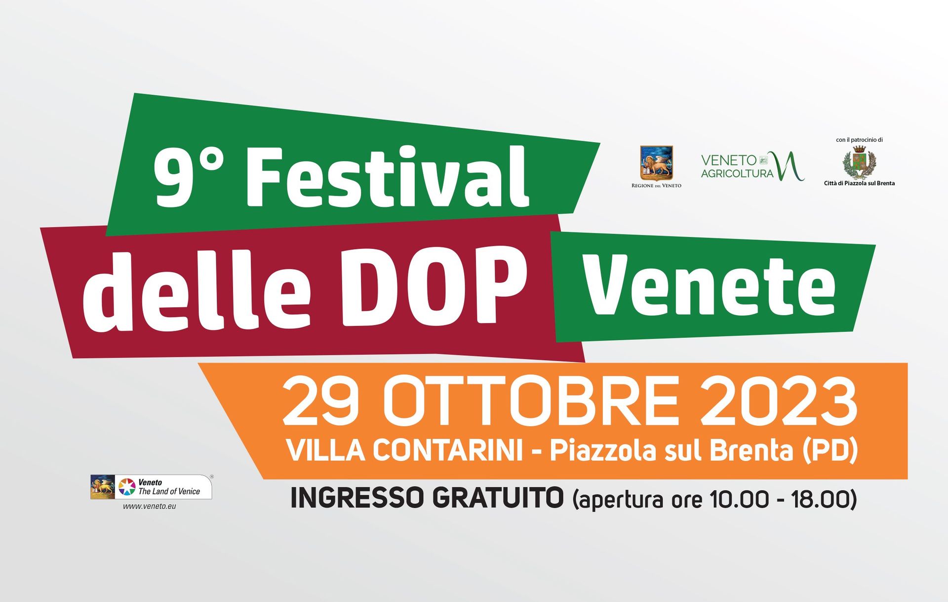 Poster for “9° Festival delle DOP Venete” with date 29 ottobre 2023 in green, red, and orange