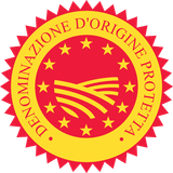 Sigillo di certificazione Denominazione d'Origine Protetta giallo e rosso con stelle e linee di campo stilizzate