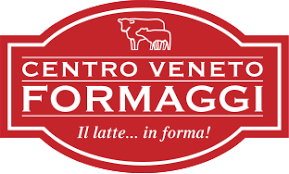 Logo rosso del Centro Veneto Formaggi con testo bianco e piccole icone di mucche, oltre allo slogan “Il latte… in forma!”