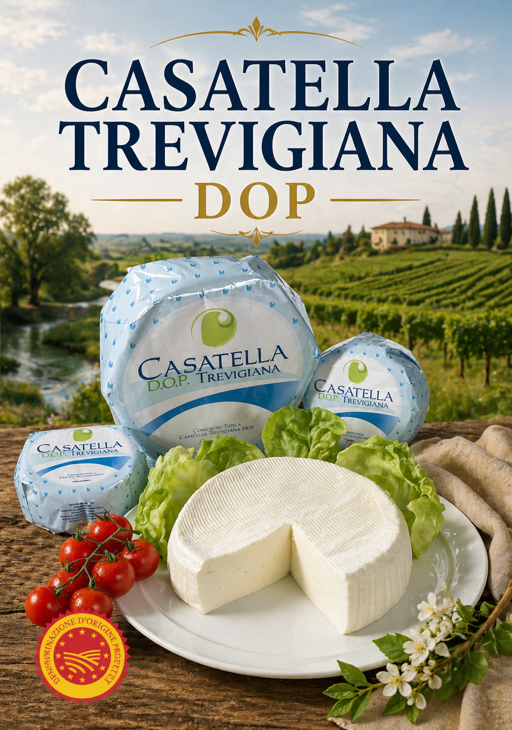 Formaggio Casatella Trevigiana DOP, in forma di fette e spicchio, su un piatto con uva, pomodori e uno sfondo di vigneti.