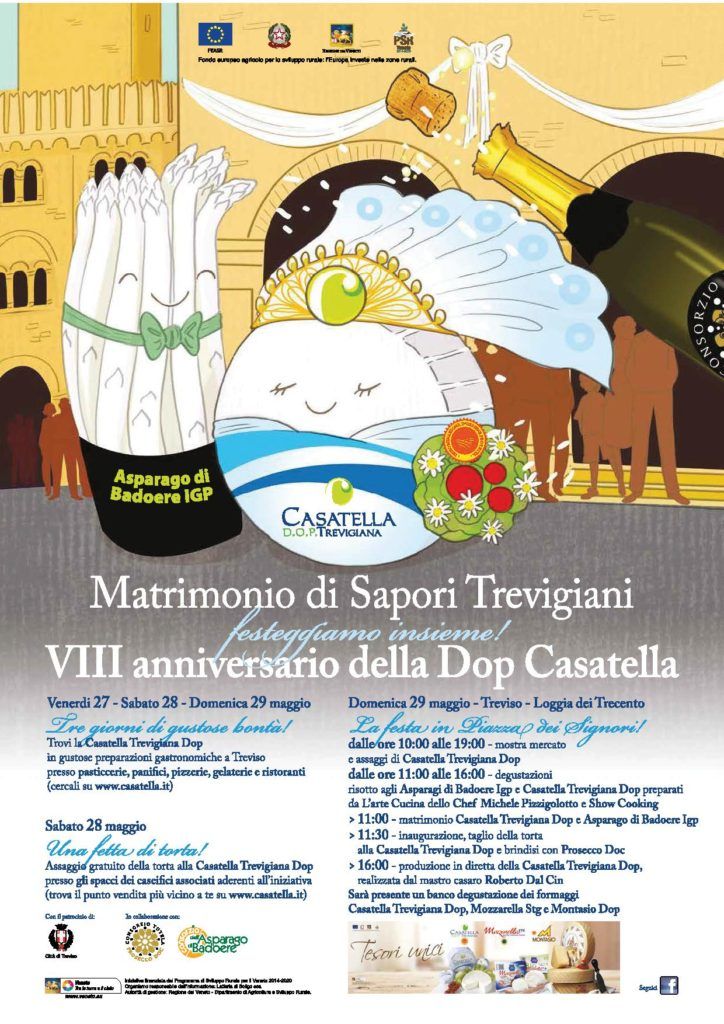 Manifesto per “Matrimonio di Sapori Trevigiani”, con formaggio, vino, pane e un cavallo su sfondo giallo.