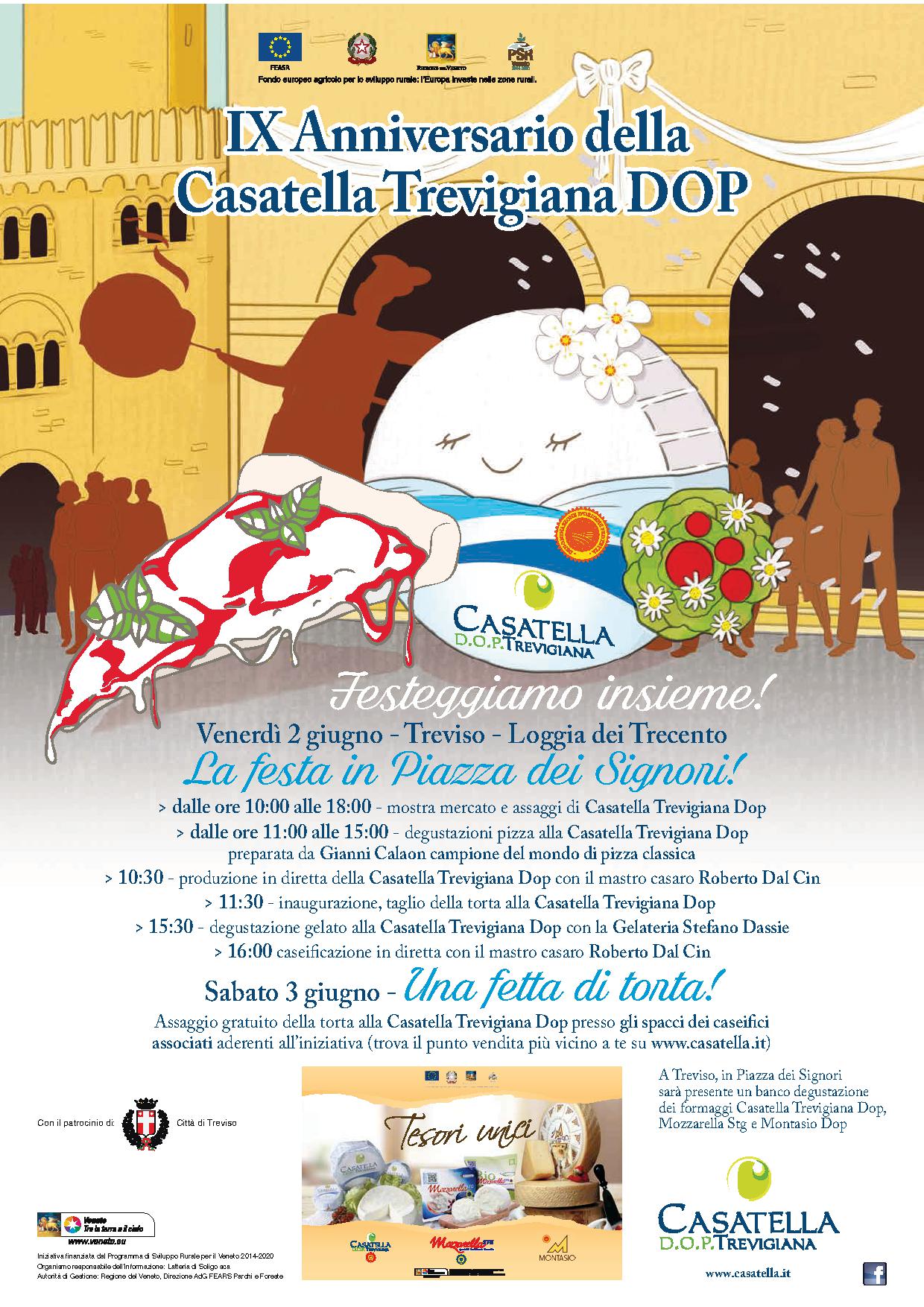 Poster for “XV Anniversario della Casatella Trevigiana DOP” with cheese, flowers, and event details