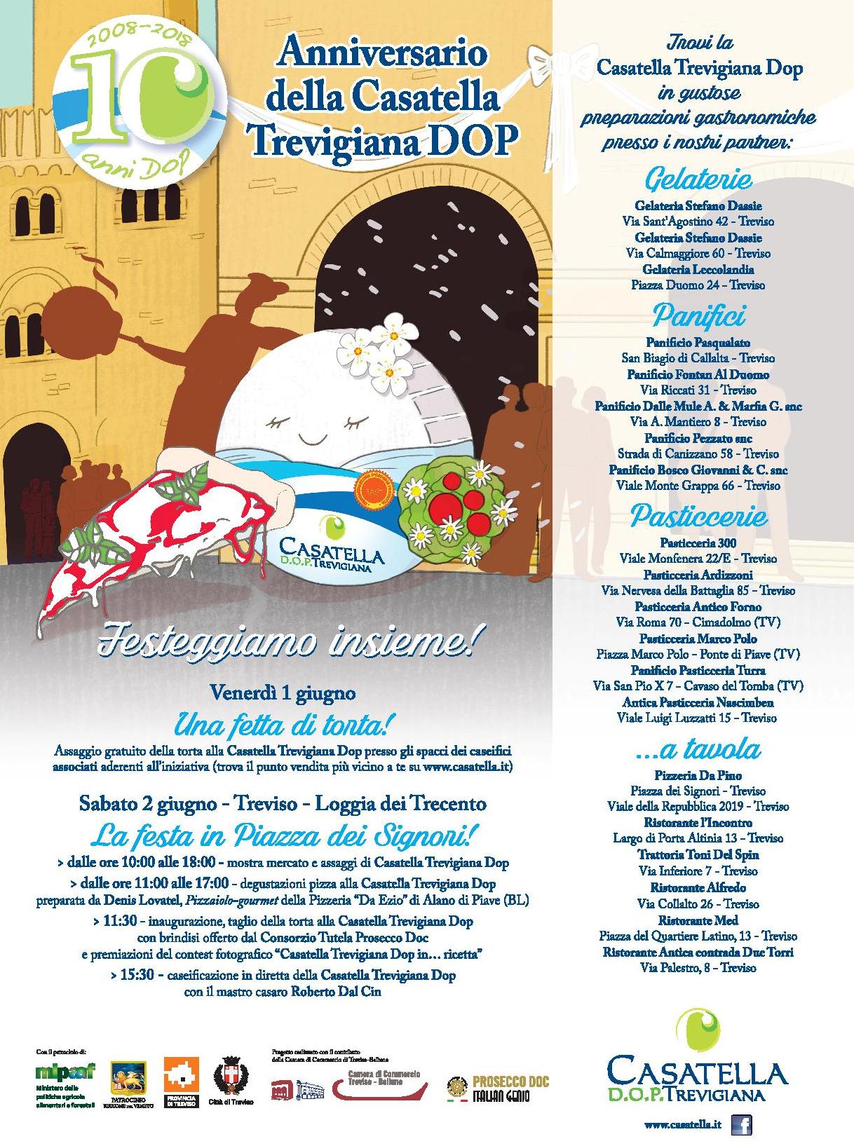 Poster for “Francescano Insieme!” with nativity scene and blue event text, celebrating Casatella Trevigiana DOP anniversary