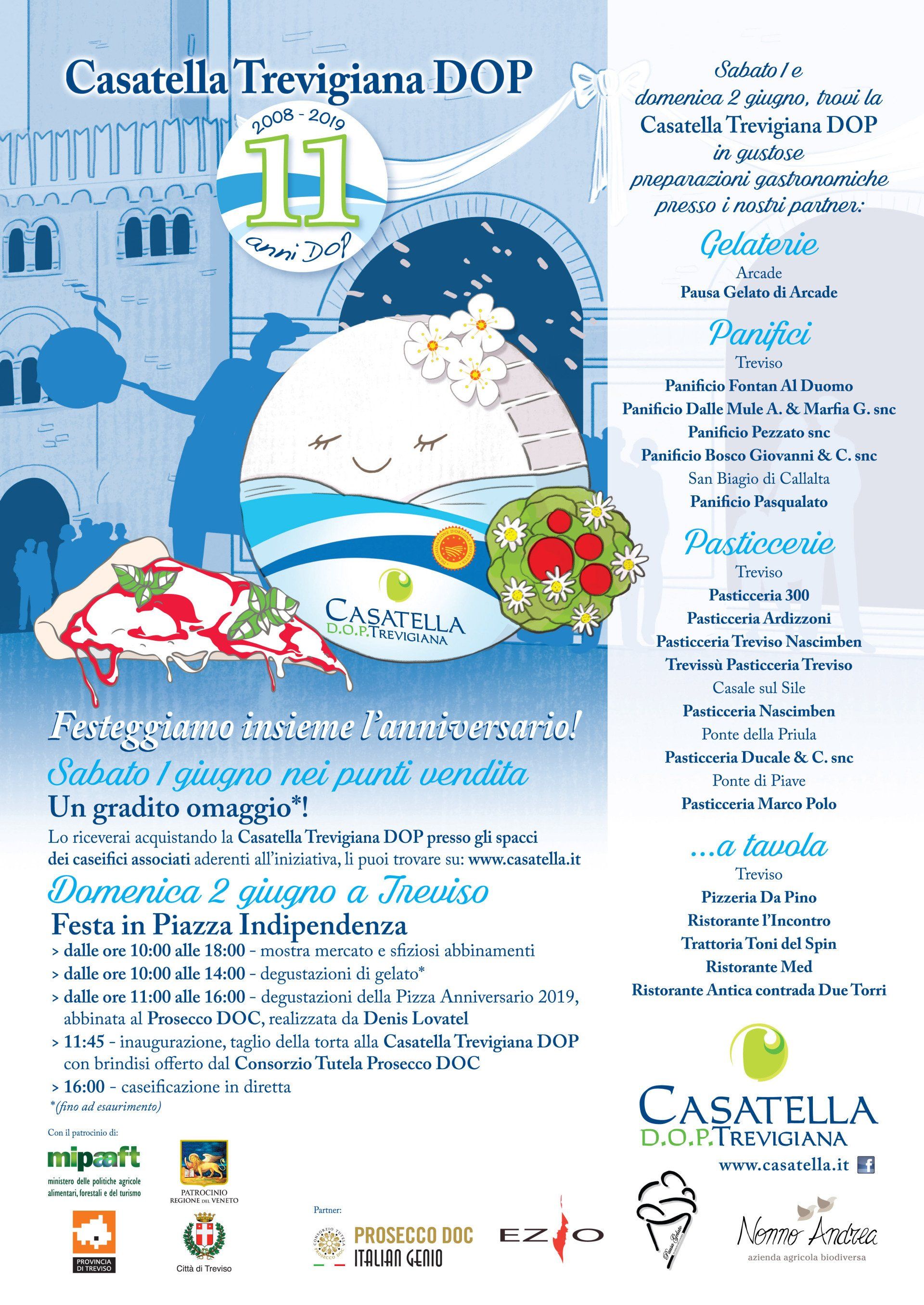 Manifesto del festival in blu e bianco con una montagna innevata, uno sciatore, fiori rossi e il testo dell'evento per Casella Trevigiana IGP 11.