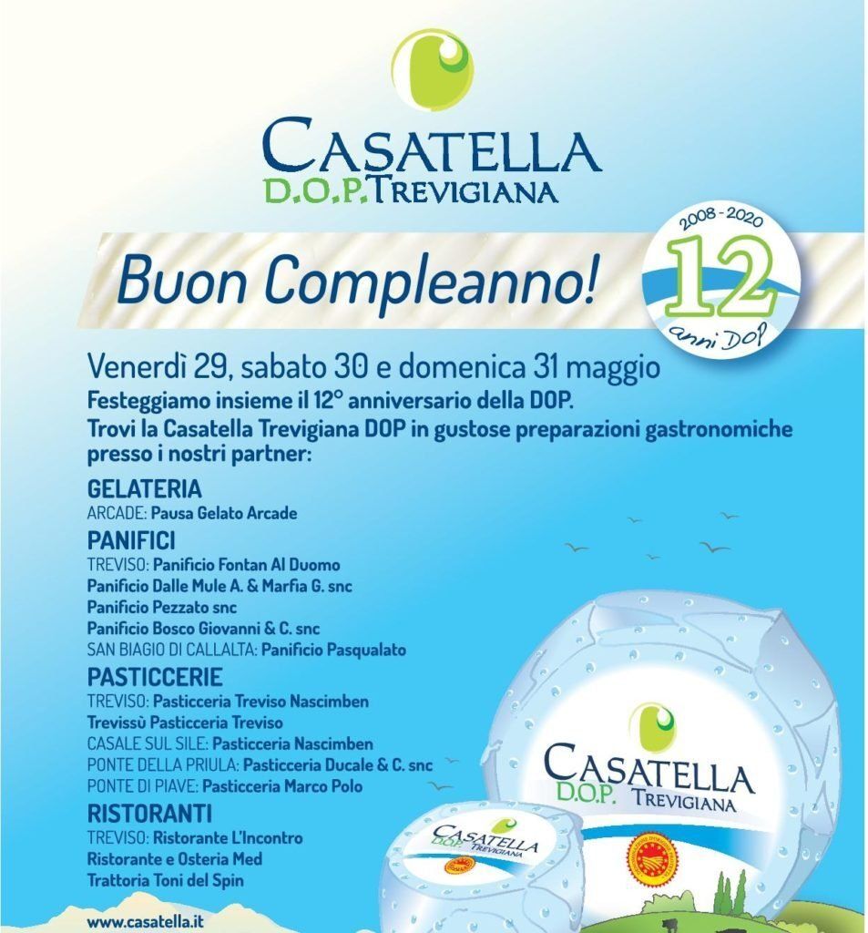 Casatella D.O.P. Trevigiana flyer with “Buon Compleanno!” and event details, in blue and green.