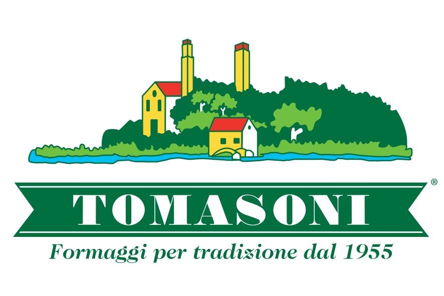 TOMASONI cheese logo with farmhouse and trees, “Formaggi per tradizione dal 1955” text