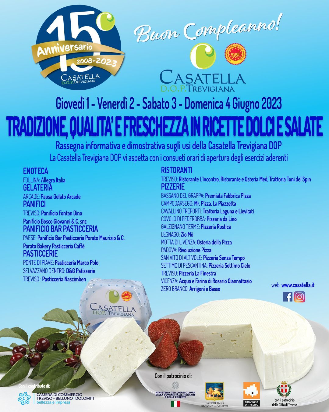 Poster promozionale del formaggio Casatella con sfondo blu, foto del prodotto e testo su tradizione e qualità.