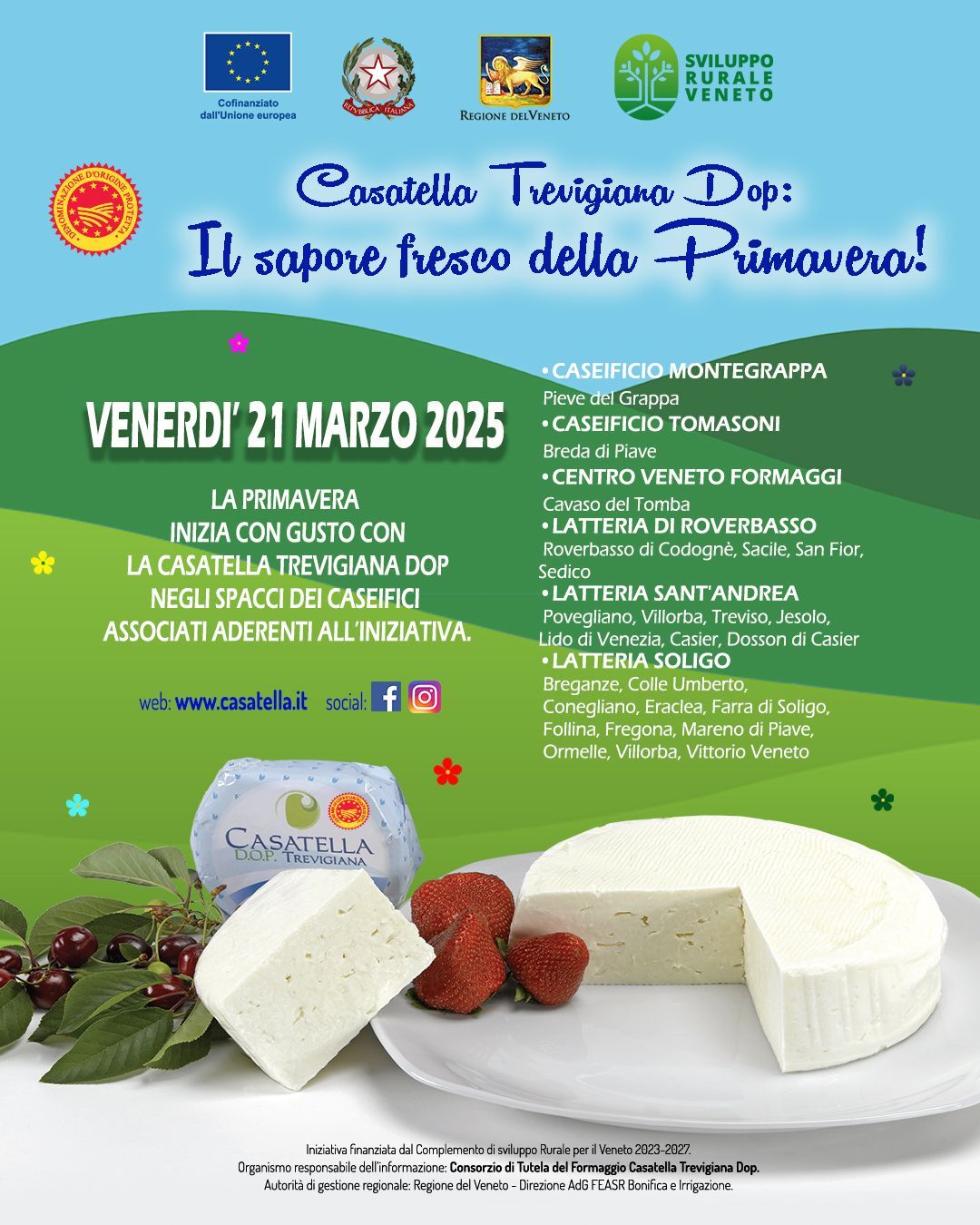 Locandina per l'evento dedicato al formaggio “Casatello Teramano DOP”, 21 marzo 2025, con formaggio e fragole su sfondo verde-blu.