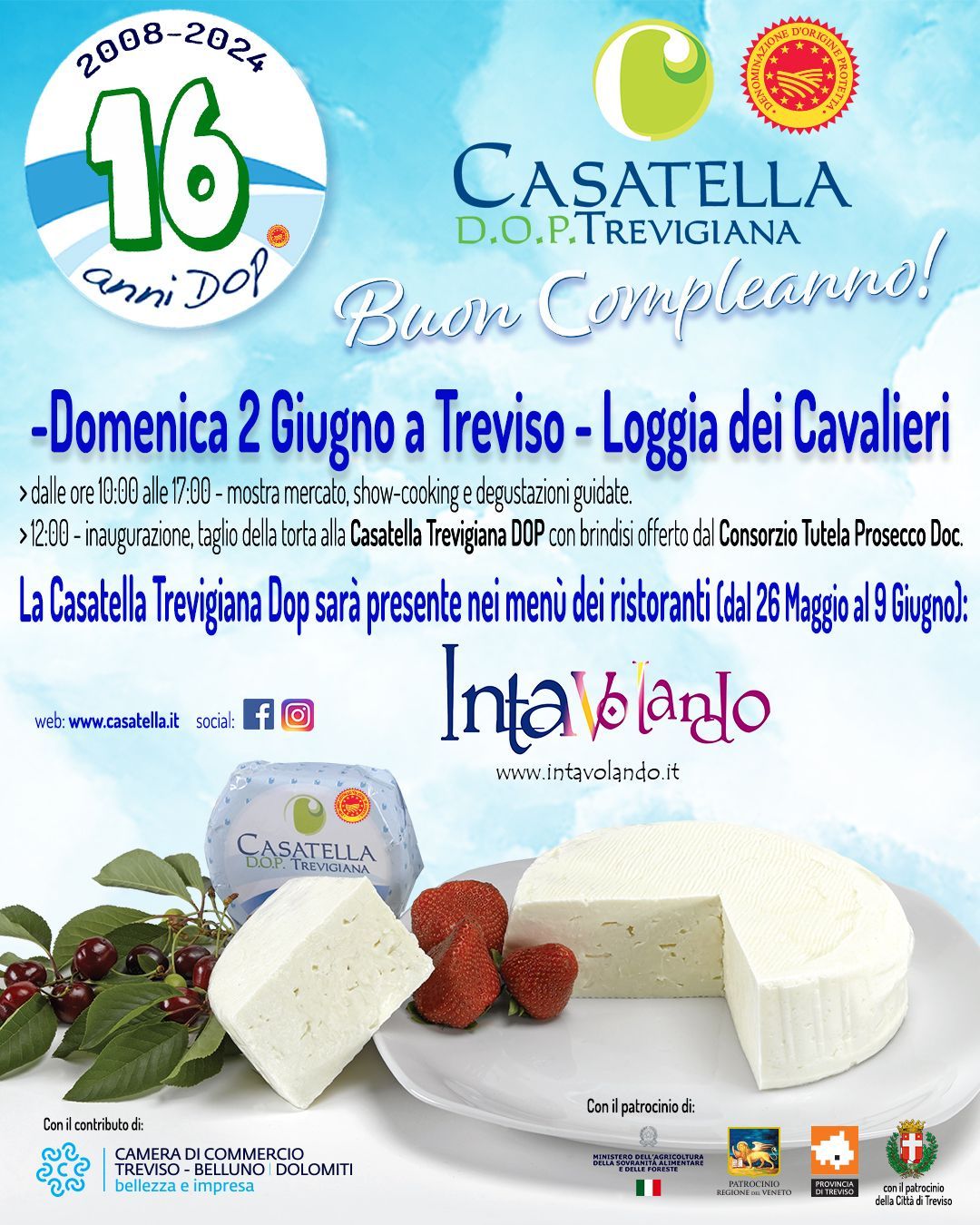 Locandina per l'evento dedicato al formaggio bianco Castella DOP Trevigiana presso la Loggia dei Cavalieri di Treviso, con spicchi di formaggio e fragole.