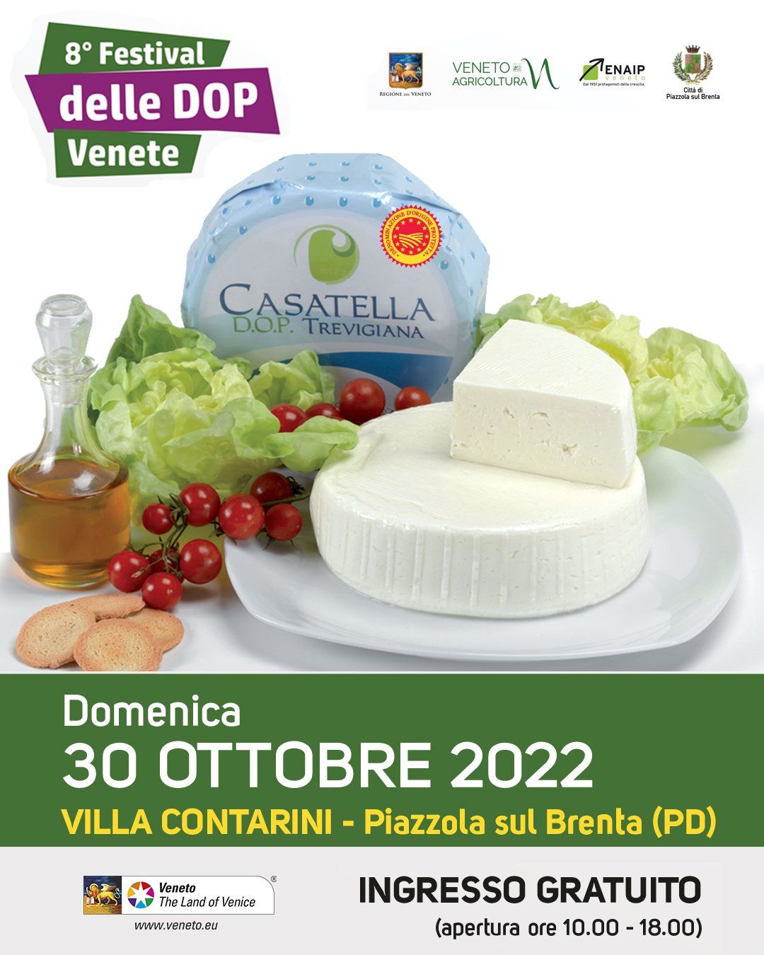 Festival delle DOP Venete poster with Casatella Trevigiana cheese, lettuce, tomatoes, and date, 30 Oct 2022.