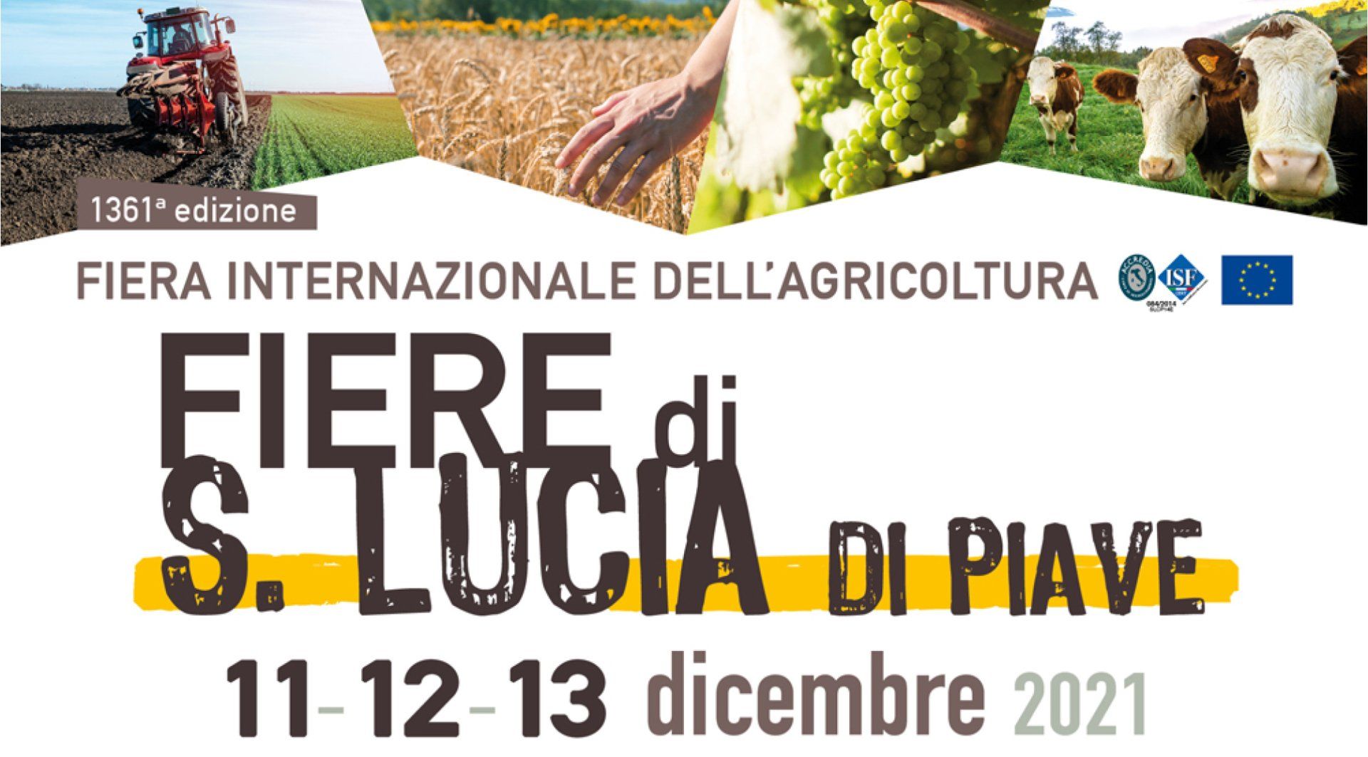 Poster of Fiere di San Luca di Piave, agricultural fair, 11-13 December 2021, with corn and grapes.