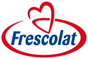 Logo Frescolat in blu e rosso con contorno stilizzato di un cuore rosso e swoosh ovale.
