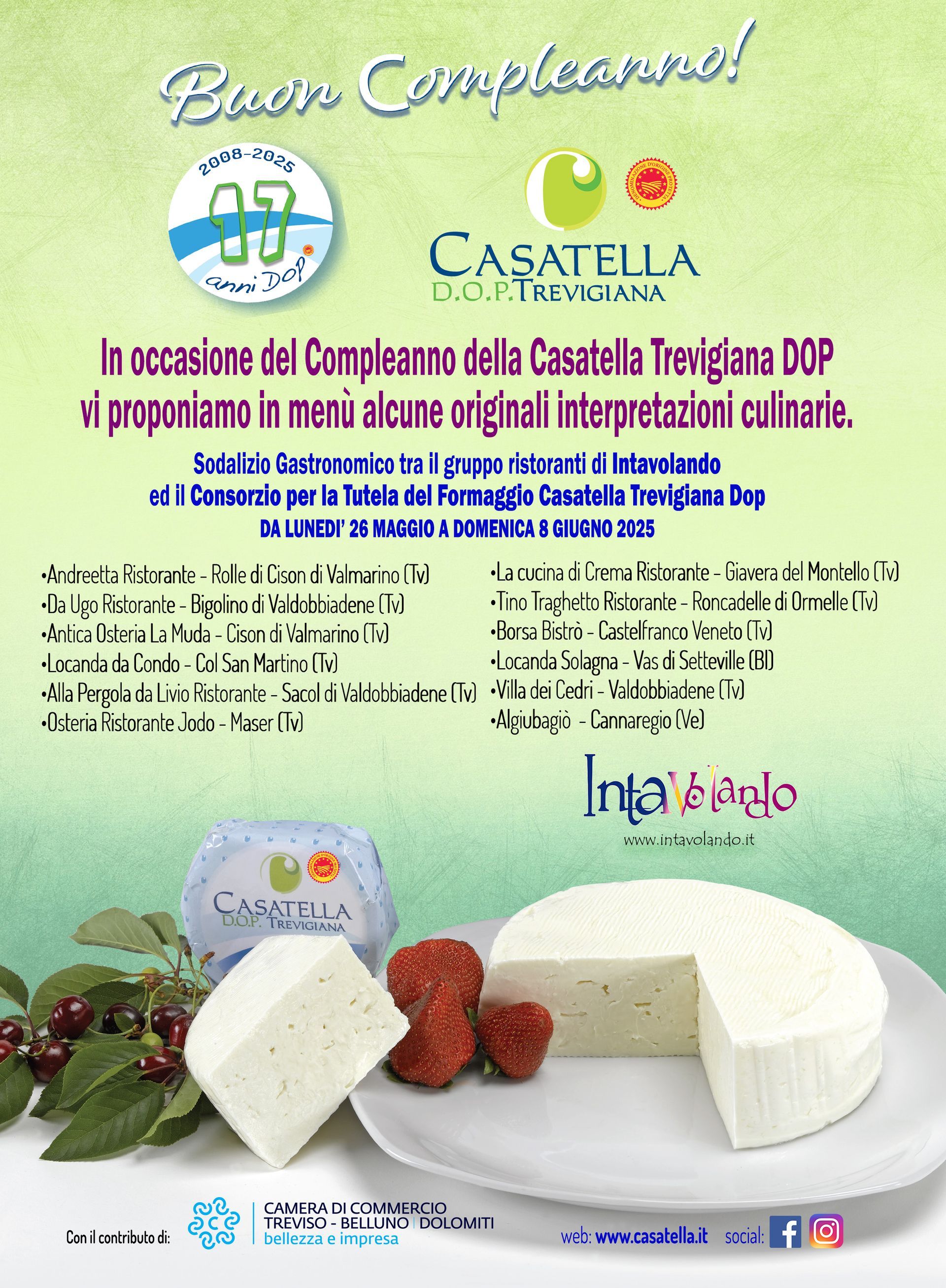 Locandina per il seminario sui formaggi Casatella Trevigiana DOP, con una forma di formaggio e fragole su sfondo verde chiaro.