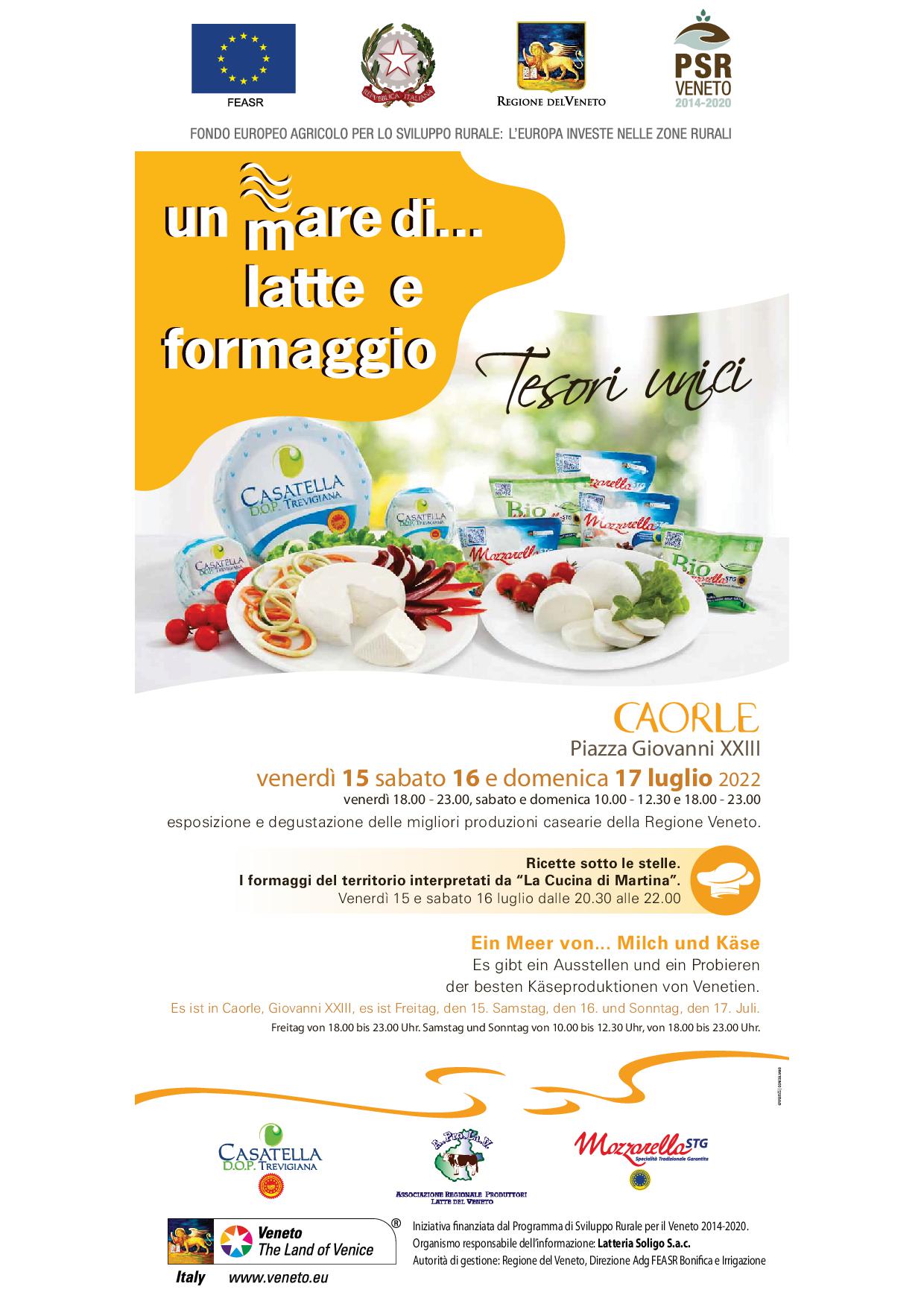 Manifesto italiano per un evento con formaggi e prodotti caseari, un motivo a cielo azzurro e i loghi degli sponsor su sfondo bianco.