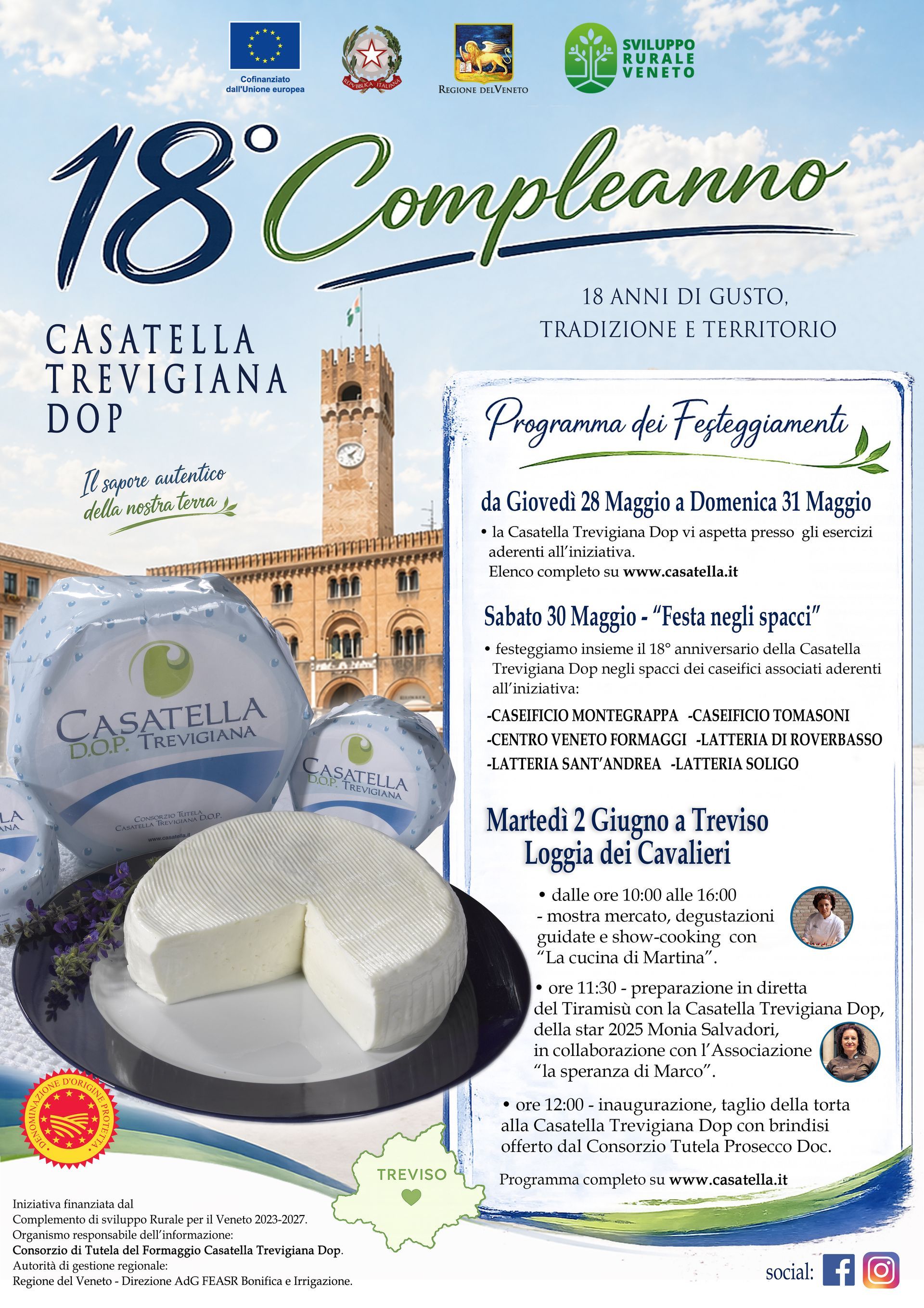 Manifesto per il 18° anniversario di Casa Llao, con una forma di formaggio, l'edificio e testo in portoghese.