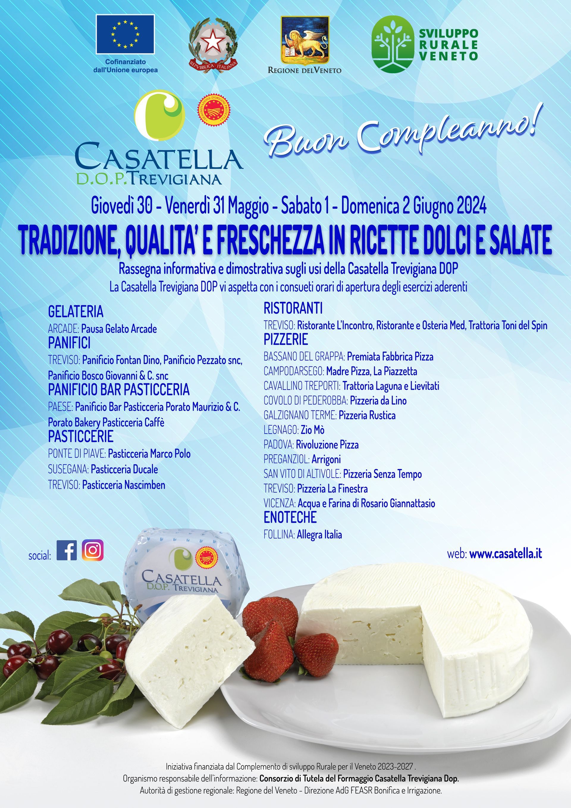 Etichetta di un prodotto caseario italiano con testo blu e foto di formaggio bianco fresco e fragole.
